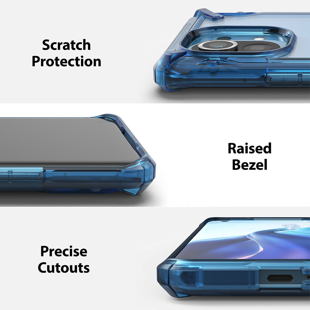Mi 11 Case | Fusion-X - Three panels showing blue phone case features: scratch protection, raised bezel, and precise cutouts.