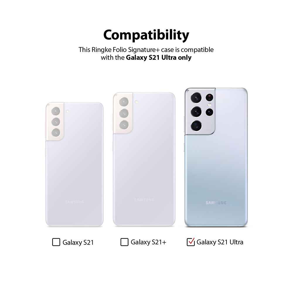 Galaxy S21 Ultra Case | Folio Signature+ - Compatibility chart showing three Samsung phones with only the S21 Ultra checked.
