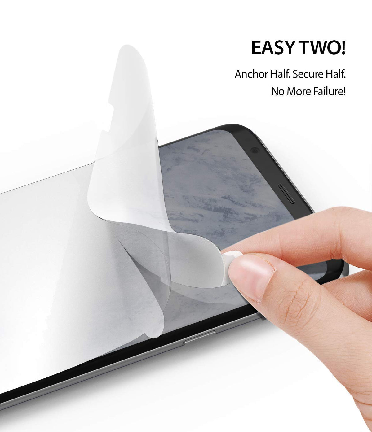 Galaxy S8 Plus Screen Protector | Dual Easy Film - Hand applying a protective film to a smartphone screen.