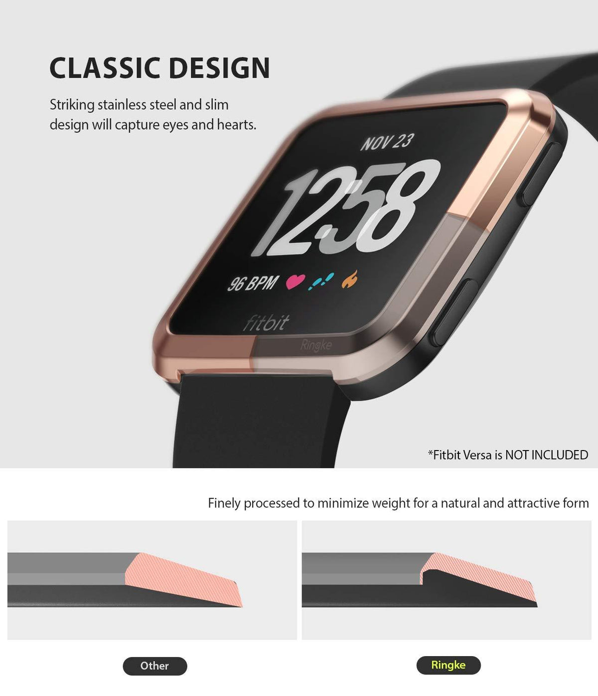Fitbit Versa | Bezel Styling 02 - Rose gold stainless steel bezel cover on a Fitbit Versa with comparison diagrams.
