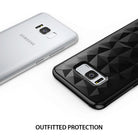 Galaxy S8 Plus Case | Air Prism - Silver Galaxy S8 Plus phone next to a black geometric prism-patterned protective case.