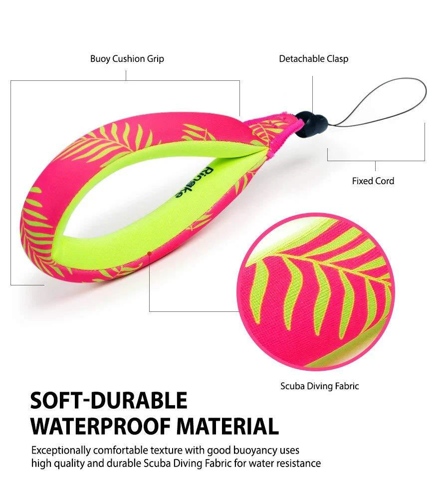 Palm Leaves / Black Floating Strap & Frameless Waterproof Pouch | a colorful, waterproof wrist strap made of soft and durable scuba diving fabric, with labels highlighting its components: buoy cushion grip, detachable clasp, and fixed cord.