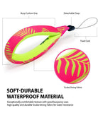 Palm Leaves / Banana Floating Strap & Floating Waterproof Pouch | a colorful, waterproof wrist strap made of soft and durable scuba diving fabric, with labels highlighting its components: buoy cushion grip, detachable clasp, and fixed cord.