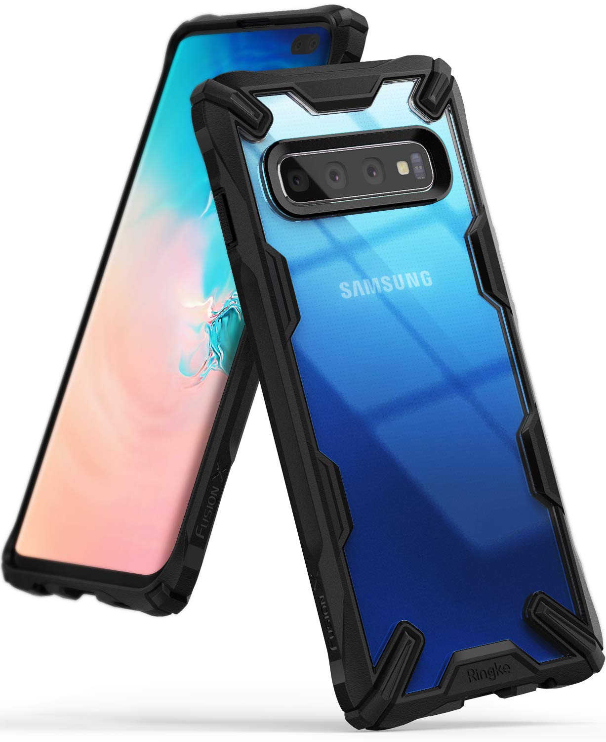 Galaxy S10 Plus Case | Fusion-X - Black rugged protective case with clear back on a Samsung Galaxy S10 Plus smartphone.