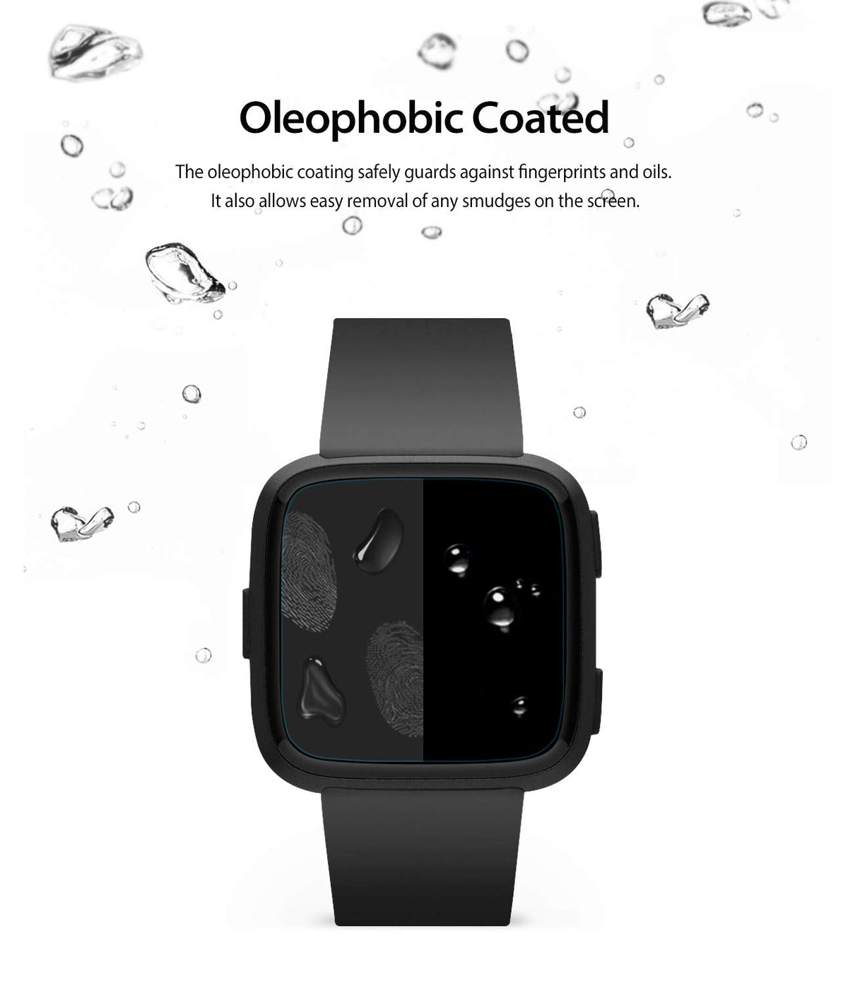 Fitbit Versa Screen Protector | Glass - Smartwatch screen with oleophobic coating showing water beading and fingerprints.