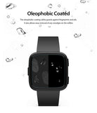 Fitbit Versa Screen Protector | Glass - Smartwatch screen with oleophobic coating showing water beading and fingerprints.