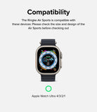 Apple Watch Ultra 4 / 3 / 2 / 1 Case | Air Sports - Compatibility graphic showing a Ringk Air Sports smartwatch band on an Apple Watch Ultra 4/3/2/1, with text explaining device compatibility on a light gray background.