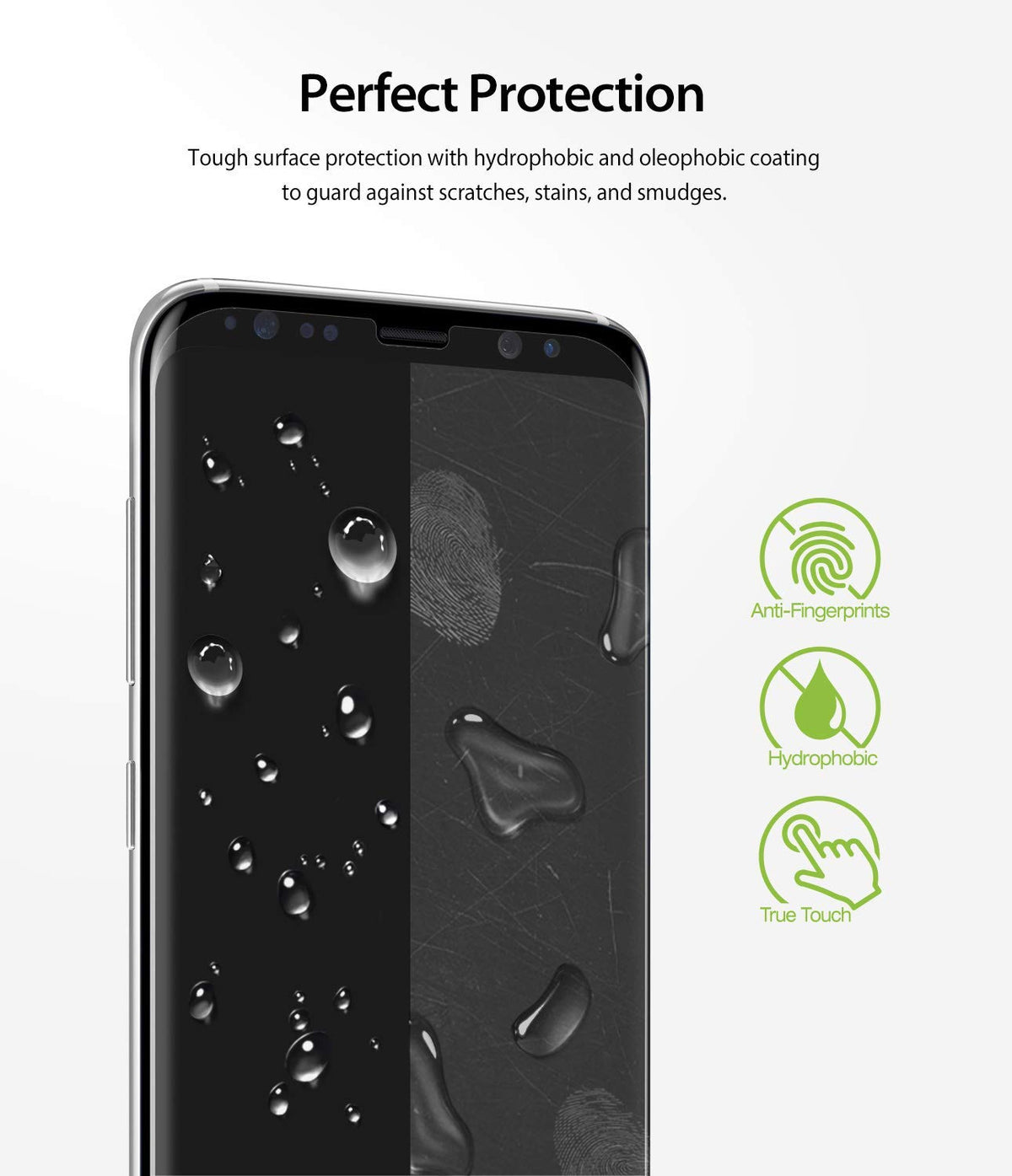 Galaxy S8 Plus Screen Protector | Dual Easy Film - Galaxy S8 Plus Screen Protector - Smartphone with water droplets and fingerprint icons highlighting protective features.