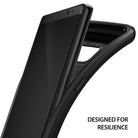 Galaxy Note 8 Case | Flex S - A black smartphone being inserted into a flexible, protective black case against a white background.