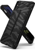 iPhone XS Case | Dual-X Design - Rugged black and grey camouflage protective phone case with raised edges and Ringke branding.