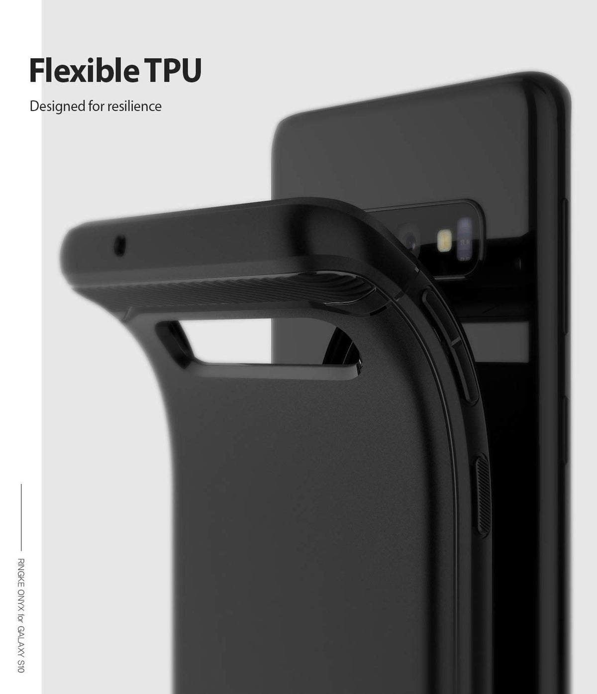 Galaxy S10 Case | Onyx - A flexible black TPU phone case being pulled away from a black Galaxy S10 smartphone.