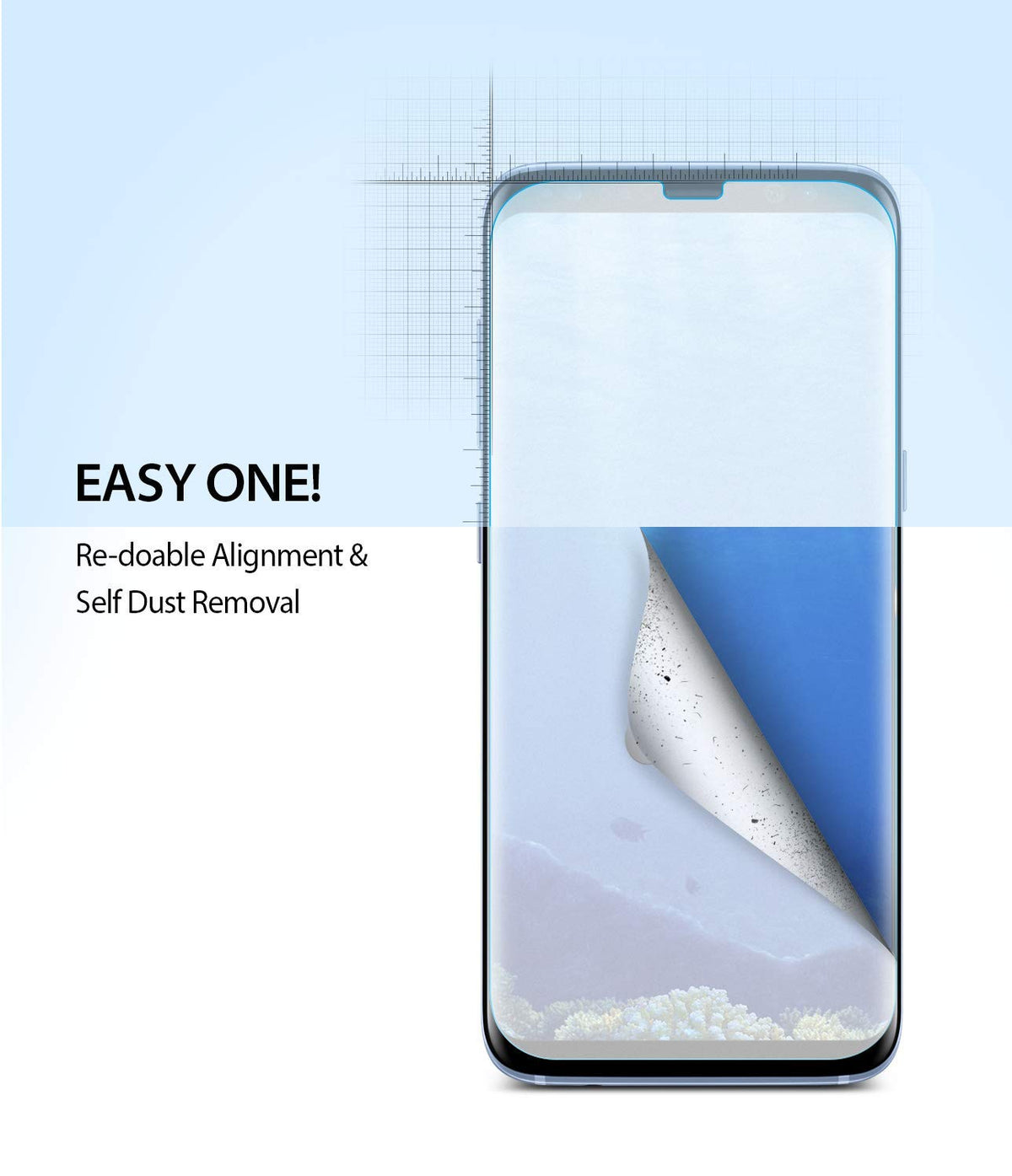 Galaxy S8 Screen Protector | Dual Easy Film - Smartphone screen being applied with a film that removes dust particles.