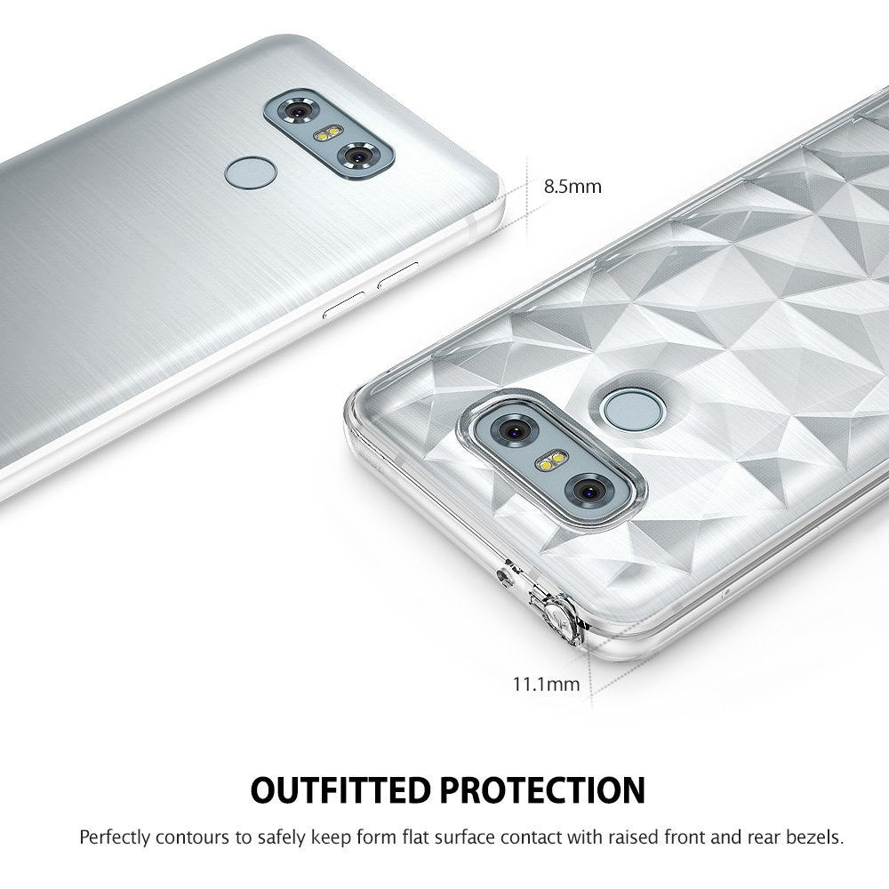 LG G6 Case | Air Prism - Clear geometric prism-patterned phone case shown next to an LG G6 with thickness measurements.