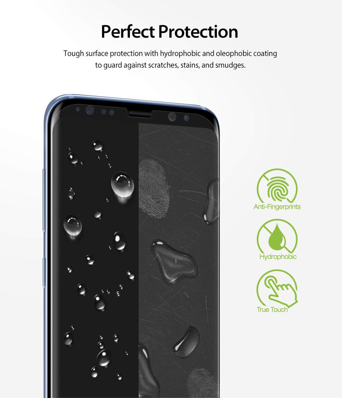 Galaxy S8 Screen Protector | Dual Easy Film - Smartphone screen with water droplets and icons for anti-fingerprint.
