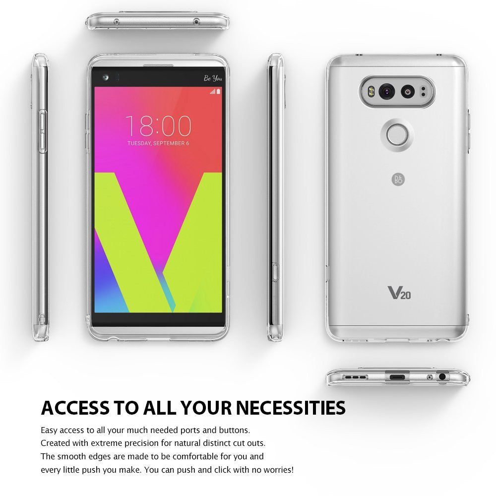 LG V20 Case | Air - Clear protective case shown from front, back, and side angles on an LG V20 smartphone.