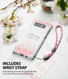 Galaxy Note 8 [Slim Cherry Blossom] [Limited Edition] - White phone case with pink petals, text, and a matching wrist strap.