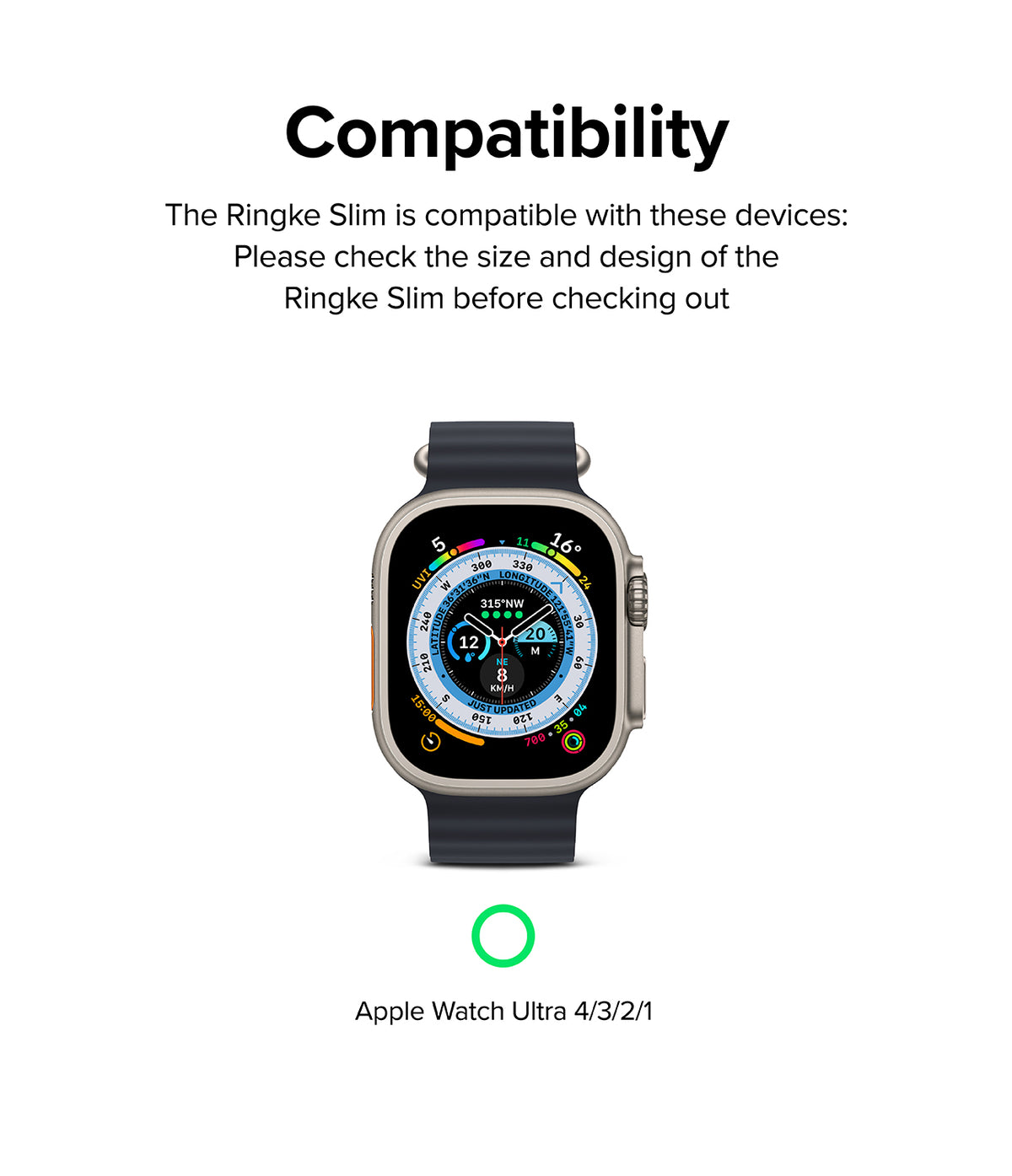 Apple Watch Ultra 4 / 3 / 2 / 1 Case | Slim - Compatibility graphic showing a smartwatch with a dark band and silver-toned case on a white background, with text stating it is compatible with Apple Watch Ultra 4/3/2/1 and a green ring icon below.