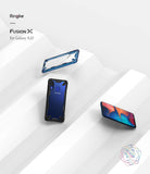 Galaxy A20 Case | Fusion-X - A blue and black phone case shown empty, on a phone, and a phone screen on a white background.