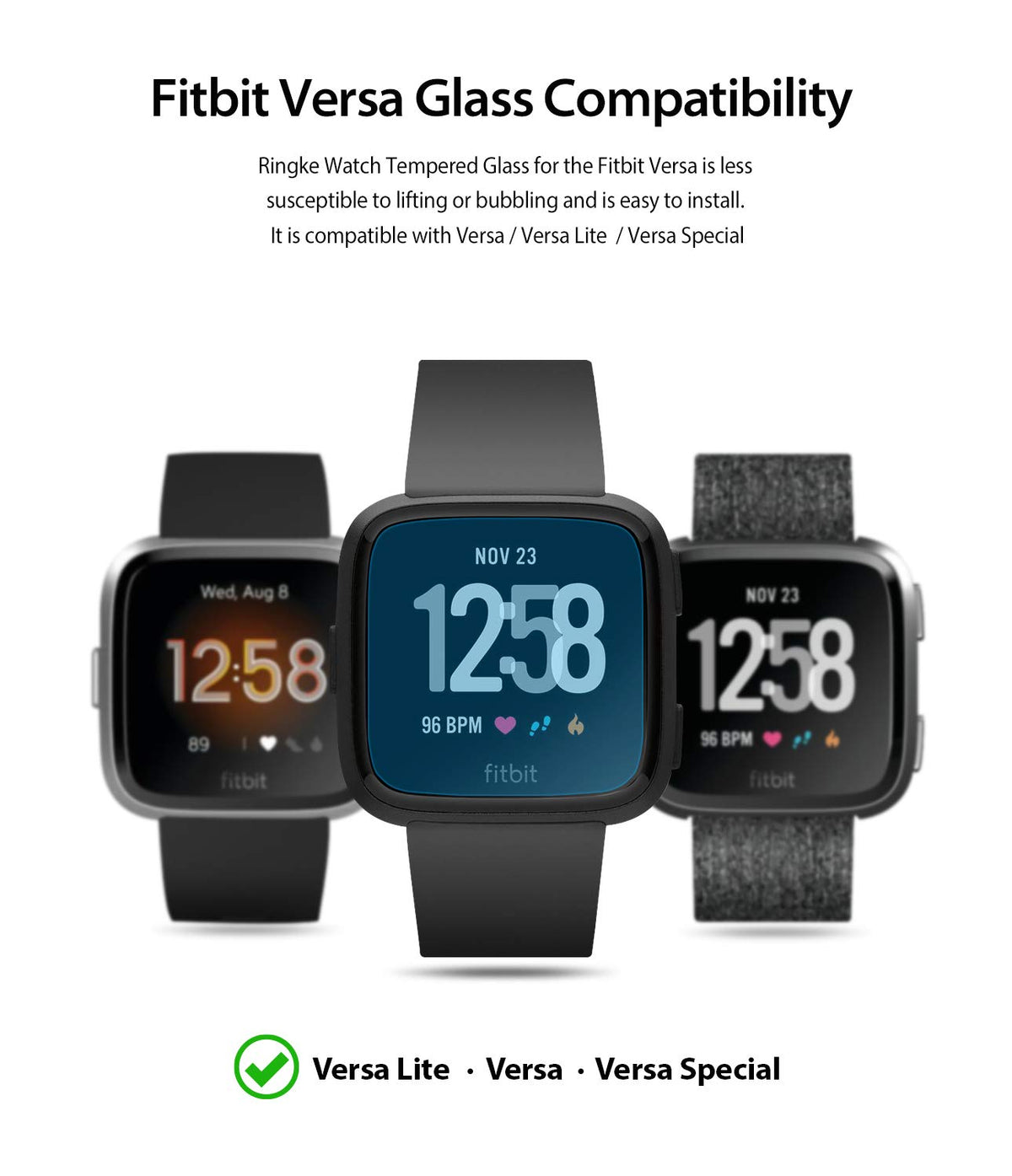 Fitbit Versa Screen Protector | Glass - Fitbit Versa Screen Protector - Three Fitbit Versa smartwatches with digital displays shown against a white background.