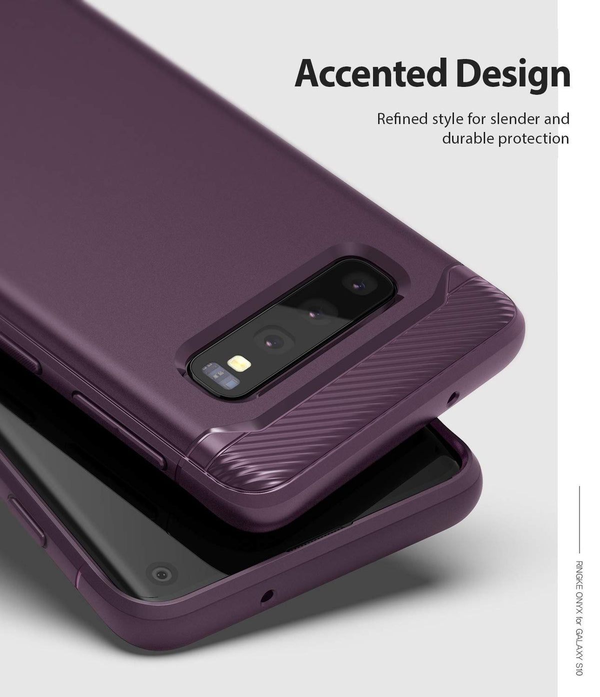 Galaxy S10 Case | Onyx - Purple phone case with textured accents and camera cutout, featuring Accented Design text overlay.