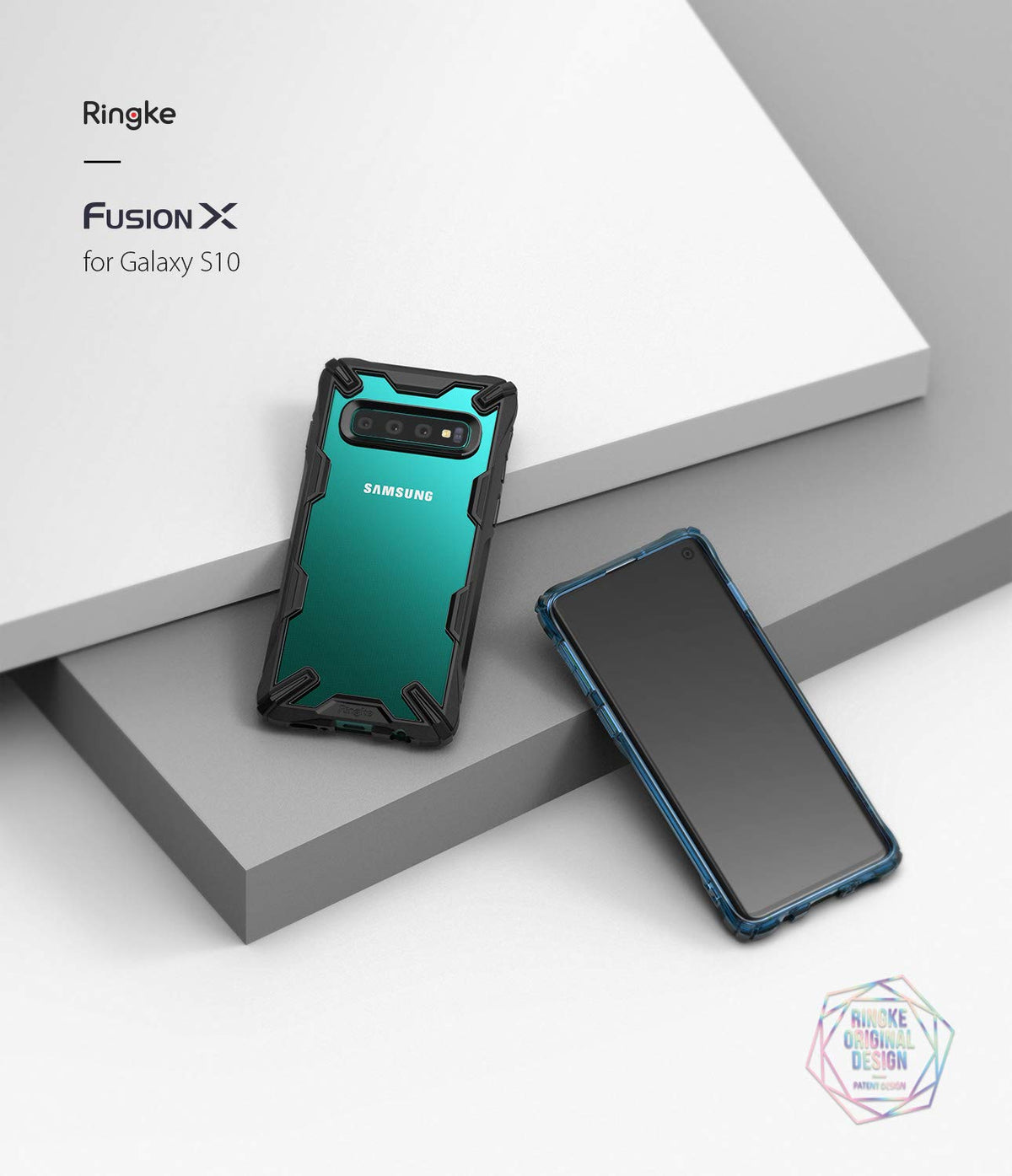 Galaxy S10 Case | Fusion-X - A Galaxy S10 phone in a black rugged case and a second phone showing the front screen.