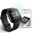 Fitbit Versa Screen Protector | Glass - Black Fitbit Versa watch with three transparent glass screen protectors layered above.