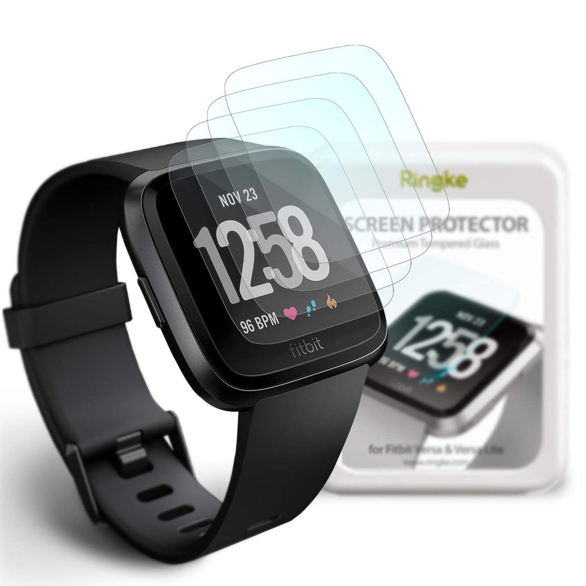 Fitbit Versa Screen Protector | Glass - Black Fitbit Versa watch with three transparent glass screen protectors layered above.