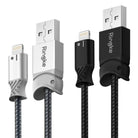 Smart Fish Charging Cable | Lightning [2 Pack] - Two braided USB-A to Lightning cables in silver and black with Ringke branding.
