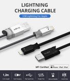 Smart Fish Charging Cable | Lightning [2 Pack] - Two braided USB-A to Lightning cables in silver and black.