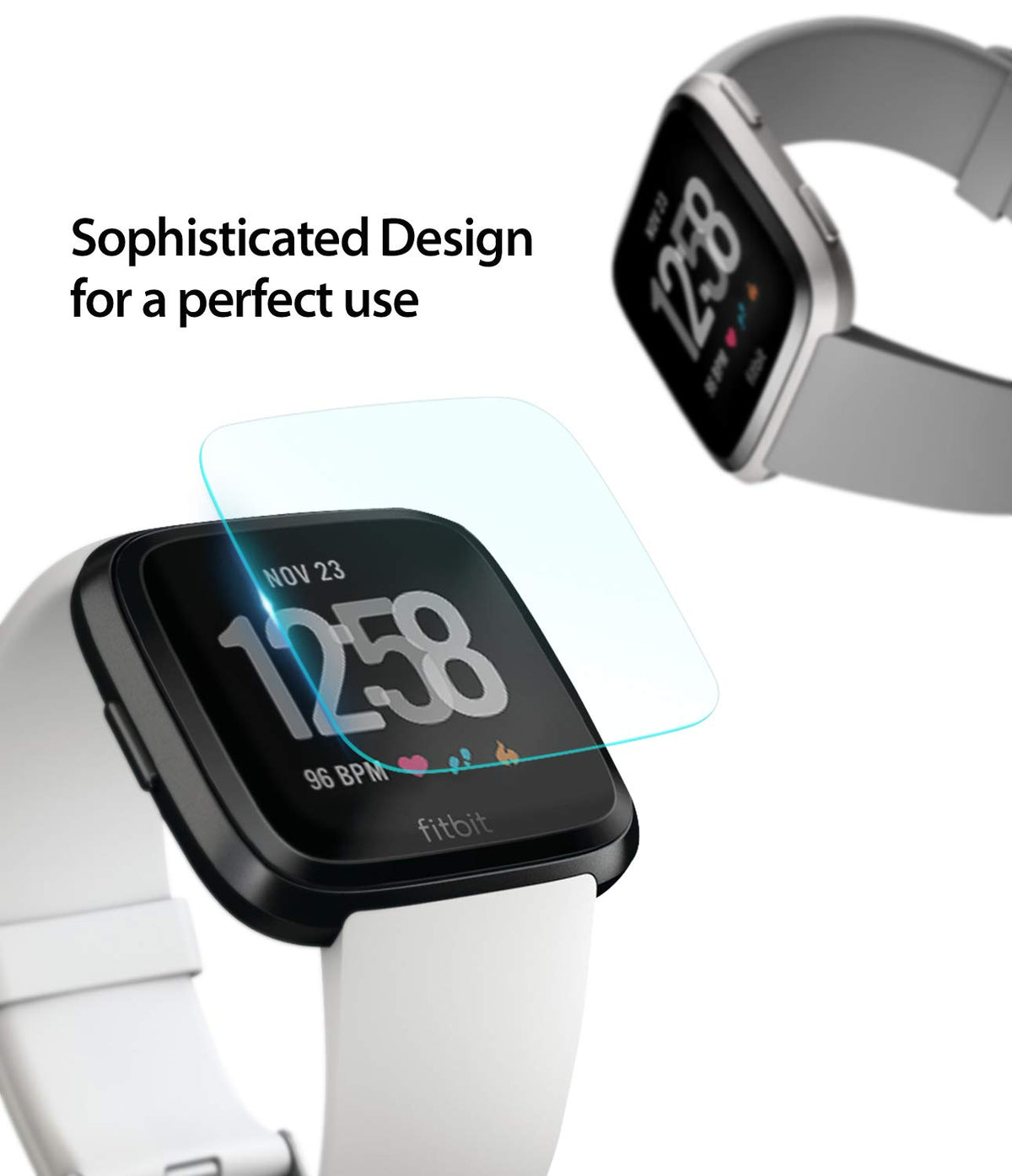 Fitbit Versa Screen Protector | Glass - A clear screen protector being applied to a Fitbit Versa smartwatch.