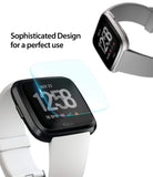 Fitbit Versa Screen Protector | Glass - A clear screen protector being applied to a Fitbit Versa smartwatch.