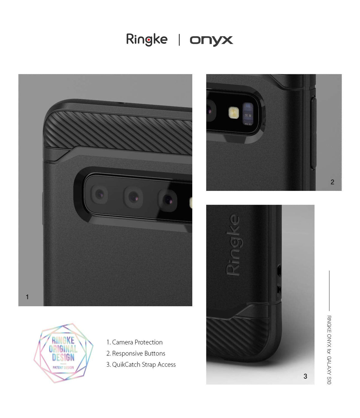 Galaxy S10 Case | Onyx - Close-up views of a black phone case highlighting camera protection, button responsiveness, and strap access.