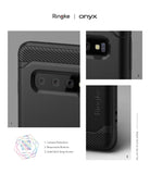 Galaxy S10 Case | Onyx - Close-up views of a black phone case highlighting camera protection, button responsiveness, and strap access.