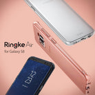 Galaxy S8 Case | Air - Three Galaxy S8 phones with clear and rose gold Ringke Air cases against a soft peach background.