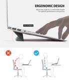 Laptop Stand - A laptop on an adjustable stand at a 10-15 degree angle, showing improved posture versus slouching.