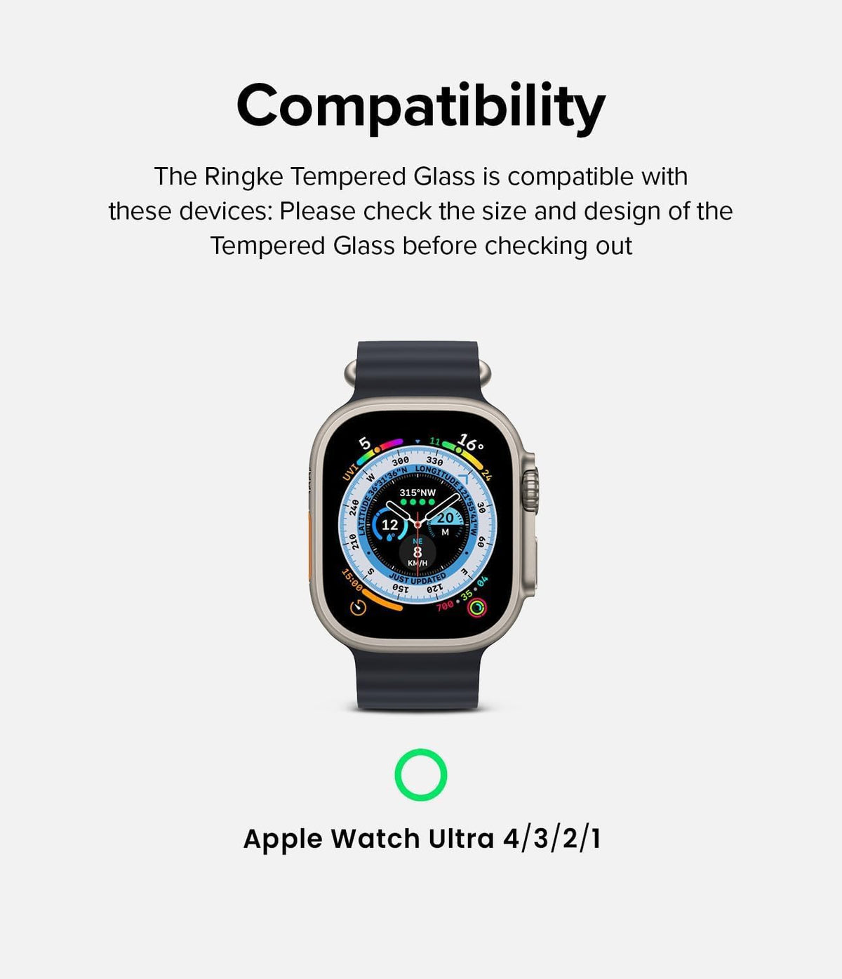 Apple Watch Ultra 4 / 3 / 2 / 1 Screen Protector | Easy Slide Tempered Glass - Compatibility graphic showing a smartwatch with a dark band and silver case on a light gray background, with text stating it is compatible with Apple Watch Ultra 4/3/2/1.