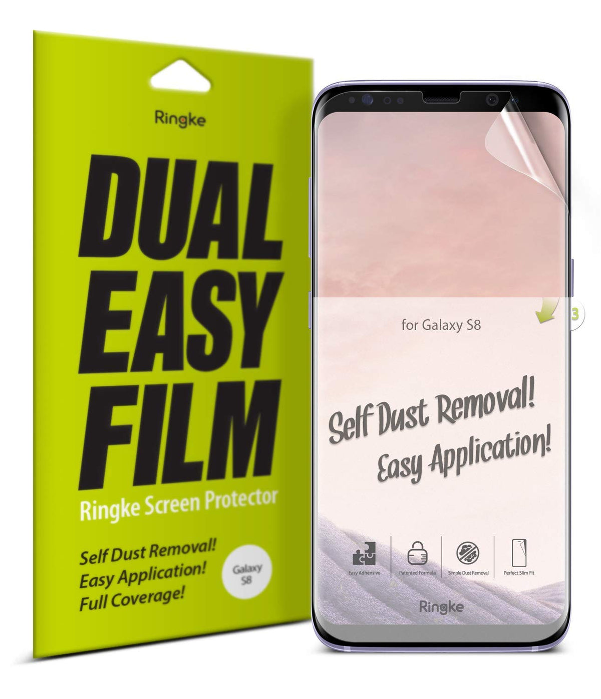 Galaxy S8 Screen Protector | Dual Easy Film - Galaxy S8 Screen Protector - Ringke Dual Easy Film packaging next to a Galaxy S8 phone with a screen protector being applied.