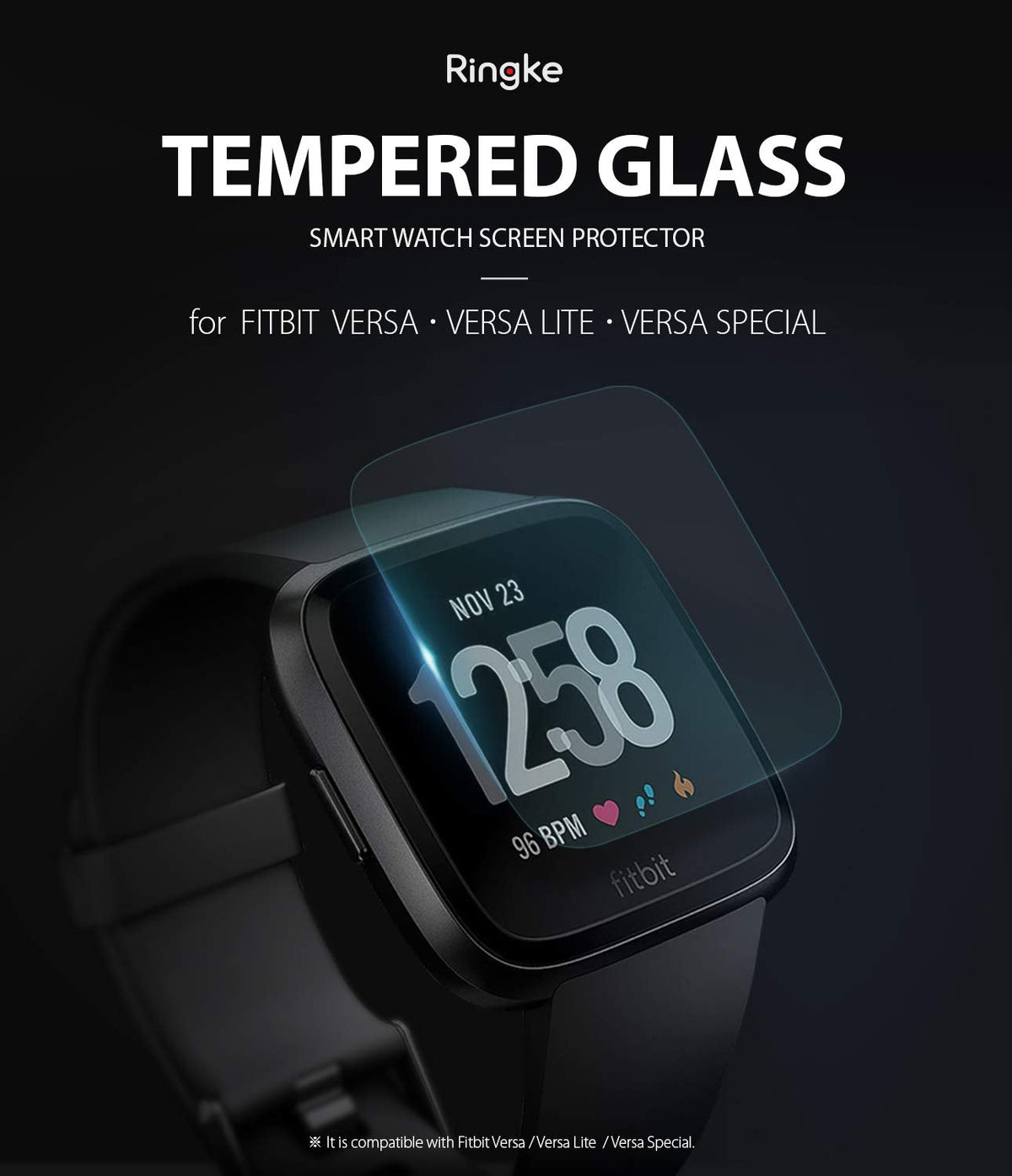 Fitbit Versa Screen Protector | Glass - A tempered glass screen protector hovering above a black Fitbit Versa smartwatch.