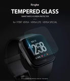 Fitbit Versa Screen Protector | Glass - A tempered glass screen protector hovering above a black Fitbit Versa smartwatch.