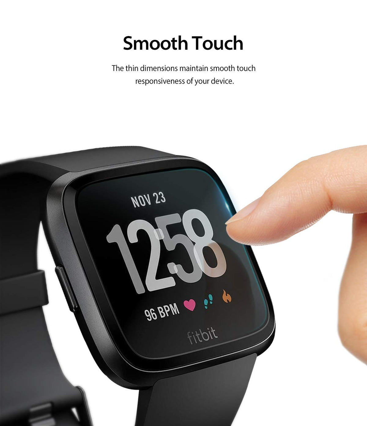 Fitbit Versa Screen Protector | Glass - Finger touching the screen of a black Fitbit Versa with a glass protector.