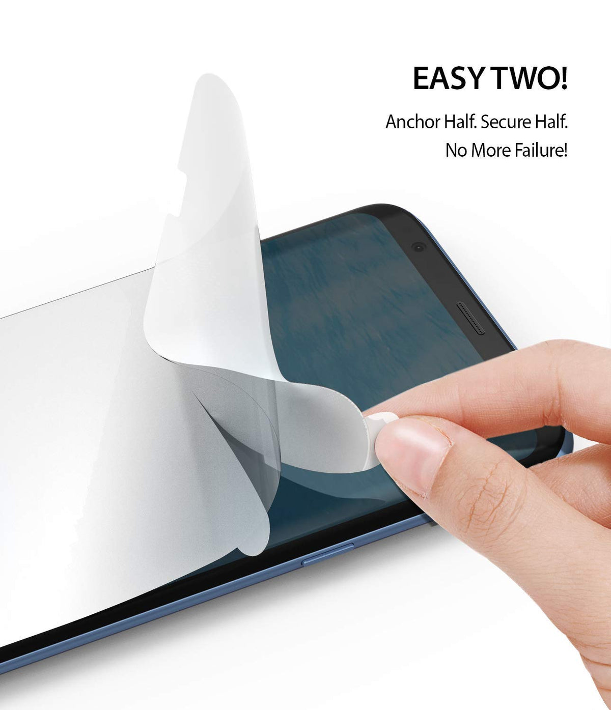 Galaxy S8 Screen Protector | Dual Easy Film - Hand applying a protective film to a smartphone screen with text overlay.