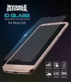 Moto G6 Screen Protector | Glass - Tempered glass screen protector hovering over a rose gold Moto G6 smartphone.