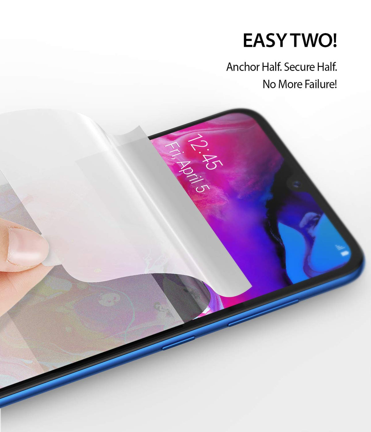 Galaxy A70 Screen Protector | Dual Easy Film - Galaxy A70 Screen Protector - Hand applying a clear protective film to a smartphone screen with text instructions above.