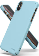 iPhone XS Case | Slim - Two light blue slim phone cases shown from back and side angles with precise cutouts and branding.