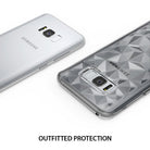 Galaxy S8 Plus Case | Air Prism - Silver smartphone next to a clear, geometric prism-patterned protective case.