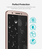 Moto G6 Screen Protector | Glass - Moto G6 Screen Protector - Smartphone screen with water droplets and icons showing anti-fingerprint and scratch resistance.