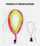 Navy Stripes / Black Floating Strap & Floating Waterproof Pouch | Neon pink and green strap with measurement details on a white background