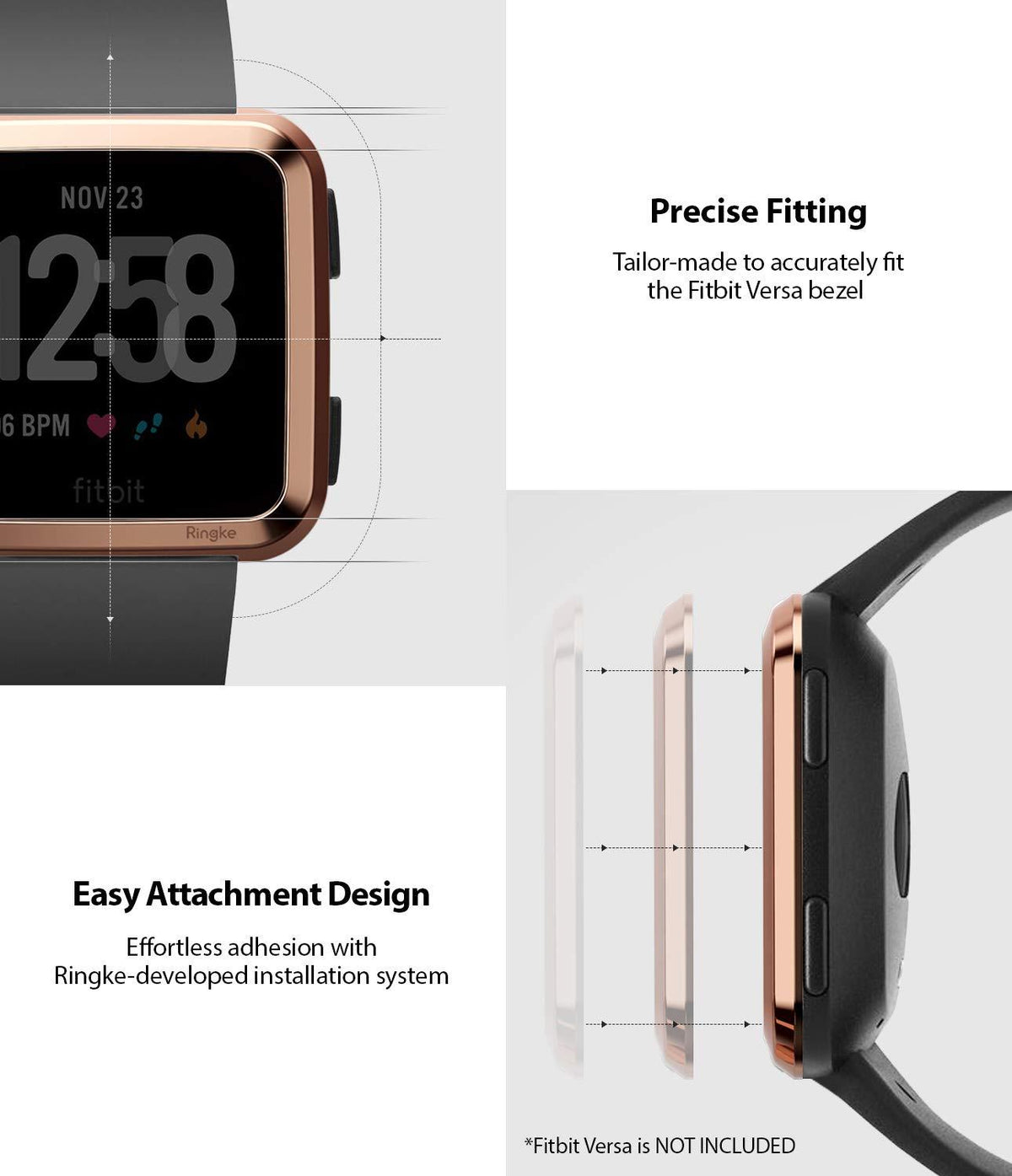 Fitbit Versa | Bezel Styling 02 - Rose gold bezel styling ring showing precise fit and easy adhesive installation.