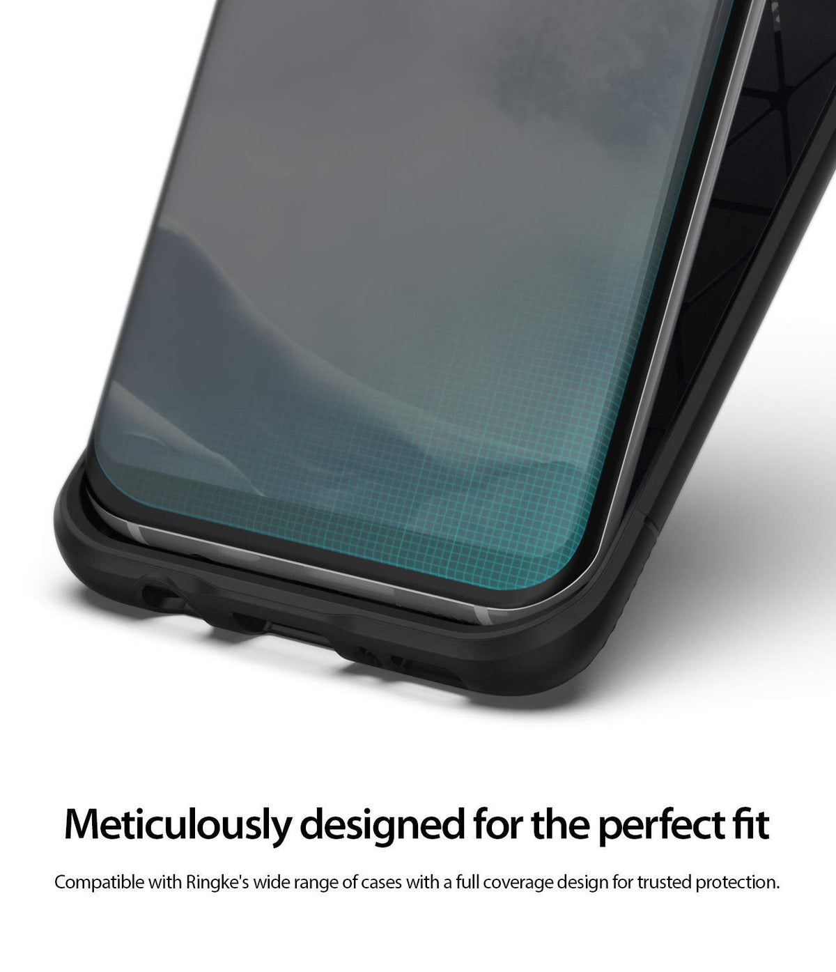 Galaxy S8 Plus Screen Protector | Dual Easy Film - Galaxy S8 Plus Screen Protector - Close-up of a screen protector on a smartphone with a grid pattern and case-friendly fit.