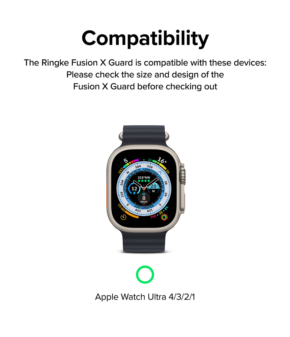 Apple Watch Ultra 4 / 3 / 2 / 1 Case + Band | Fusion-X Guard - Compatibility graphic showing an Apple Watch Ultra with a dark band and silver case, with text stating the Ringke Fusion X Guard is compatible with it and an Apple Watch Ultra 4/3/2/1 listed below on a white background.